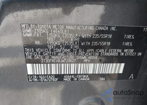 2018 Toyota Rav4 Limited z USA, uszkodzony, nr VIN 2T3DFREV8JW729627